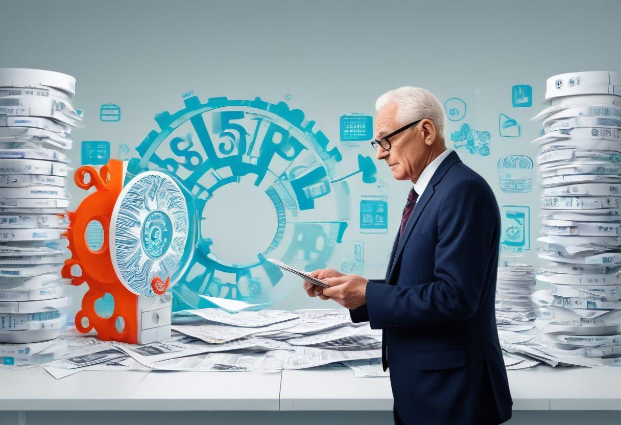 A split-scene image showing the evolution of insurance from traditional paper forms to digital interfaces. On one side, depict an elderly agent with papers and a rotary phone, while on the other side, a young tech-savvy professional using a tablet and futuristic insurance apps. Incorporate elements like health and auto symbols, gears transitioning into digital pixels, and a timeline effect. bright colors. modern infographic style.