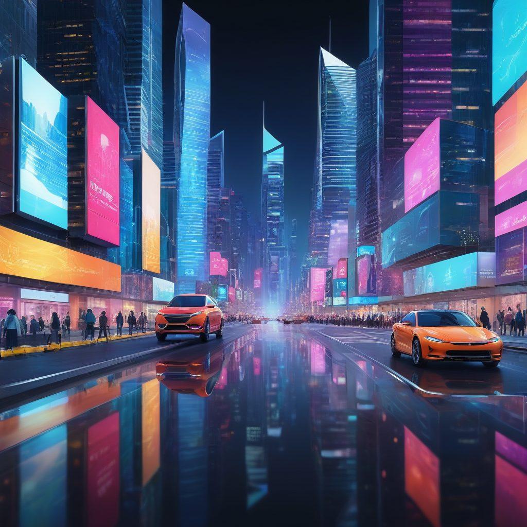 A futuristic cityscape featuring advanced AI technology, with people interacting seamlessly with smart devices that represent different insurance sectors: health, life, and auto. Include holographic displays showcasing data analytics and a sense of connectivity. The atmosphere should convey innovation and trust, with diverse individuals collaborating and engaged in discussions. bright colors, digital art, modern style.