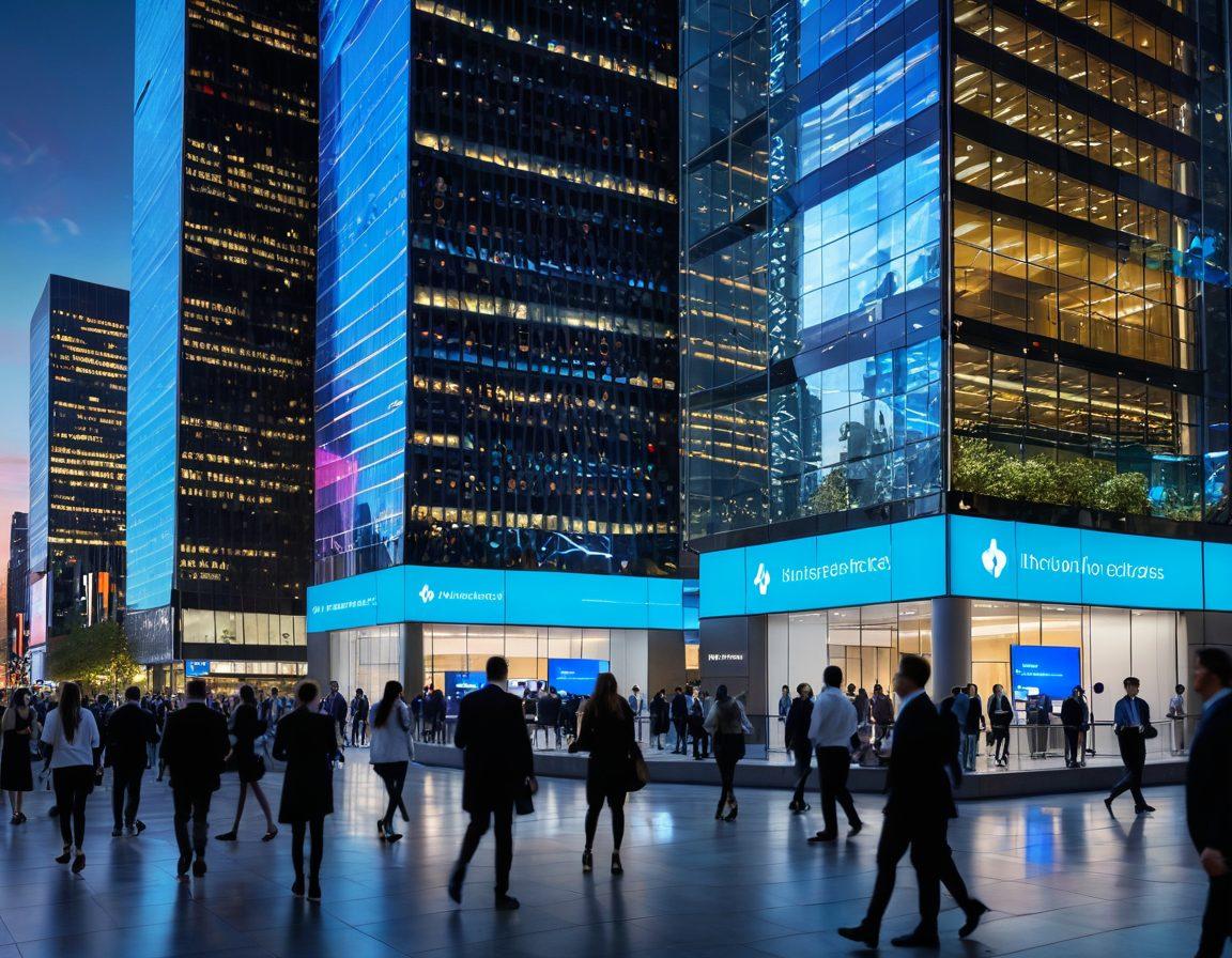 A modern urban landscape showcasing a high-tech insurance office building surrounded by digital screens displaying various insurance tech innovations. In the foreground, people interact with futuristic devices, highlighting digital policy management. Incorporate elements of technology, such as data streams and holograms, that symbolize the transformation in insurance. The scene should convey a sense of innovation and progress. super-realistic. vibrant colors. 3D.